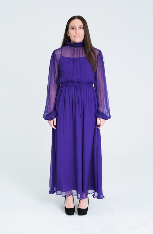 Alana 100% Silk Sheer Maxi Dress - Dark Purple